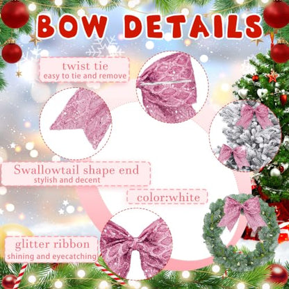 Pink Glitter Mesh Christmas Tree Bows - 12 Pack 6 Inch Holiday Decor