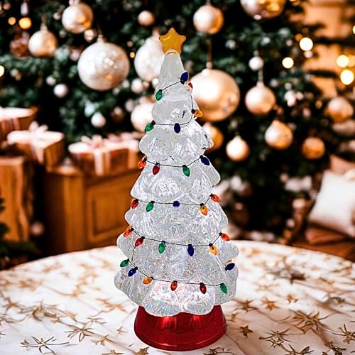 Lighted Swirl Tree Christmas Decoration with Red Base - 12.5 Inch Plastic