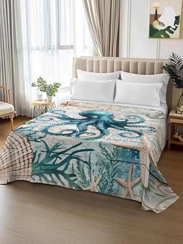Turquoise King Size Flat Sheet Ocean Nautical Bedding Microfiber Breathable