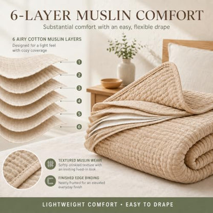 White 130x150cm 6-Layer Cotton Muslin Blanket - Pre-Washed & Soft