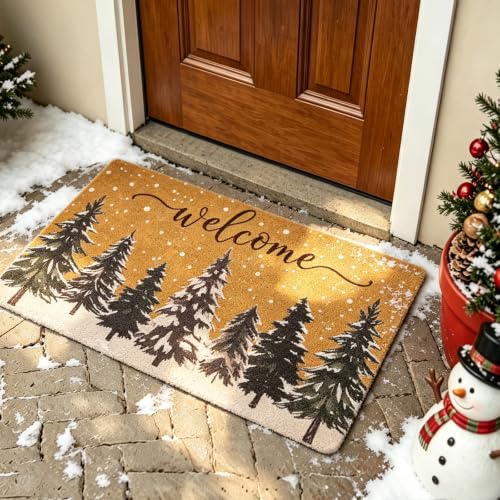 Snow Christmas Tree Door Mat 17x30 Inches - Heavy Duty Coir Welcome Mat