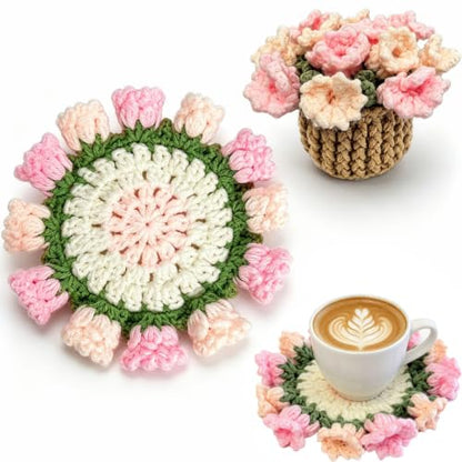 Pink Crochet Flower Coaster Set with Storage Basket - Handmade Home Decor