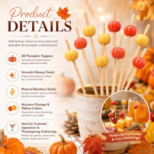 Fall Halloween Thanksgiving 3D Pumpkin Cocktail Toothpicks - Orange