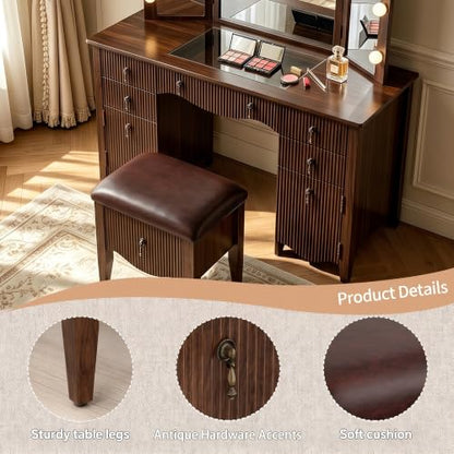Mid-Century Modern Vanity Stool with Storage Drawer, Walnut