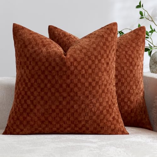 Burnt Orange Chenille Check Throw Pillow Covers Set of 2 20x20 Inch for Farmhouse & Boho Decor