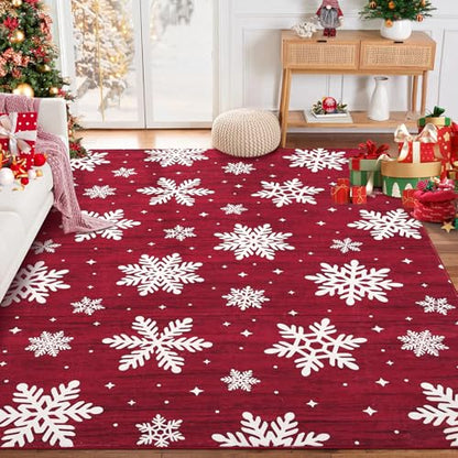 Christmas Snow Pattern Area Rug 9x12 Red Non-Slip Low Pile Indoor Rug for Living Room & Bedroom - Snow Variation