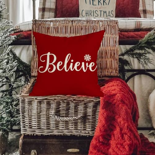 Christmas Believe Pillow Cover 18x18 Red Holiday Decor - Pack of 1