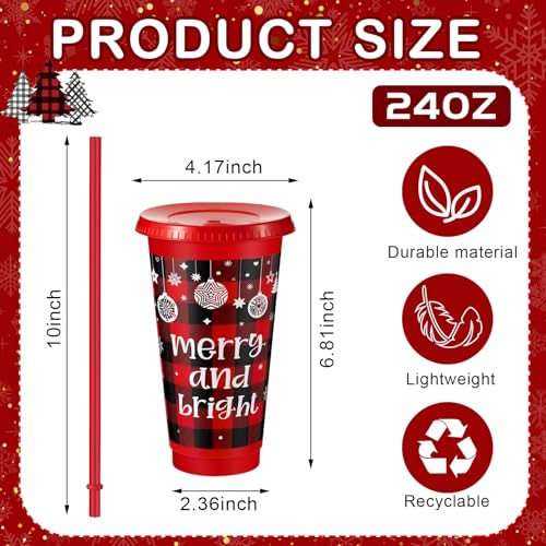 Christmas Plastic Cups with Lids & Straws - 24 oz Red & Black Plaid Set with Holiday Designs - Stylish Variation