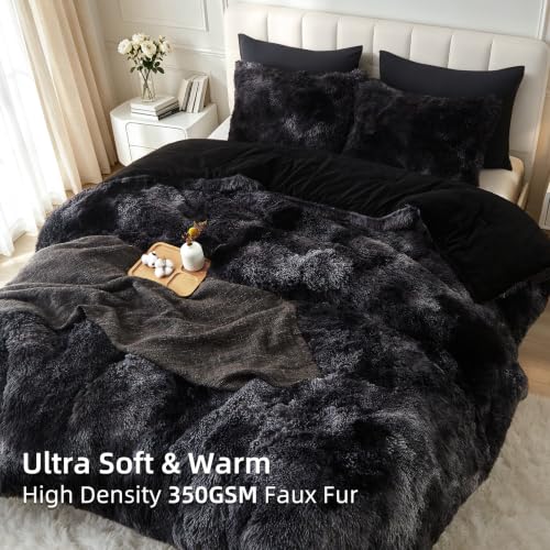 Long Shag Faux Fur Comforter Set - Full Size Black Fluffy Bed Bedding with Tie-Dye Option