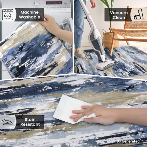 3' x 8' Abstract Washable Non-Slip Runner Rug for Hallway Navy / Blue / Taupe