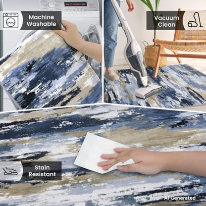 3' x 8' Abstract Washable Non-Slip Runner Rug for Hallway Navy / Blue / Taupe