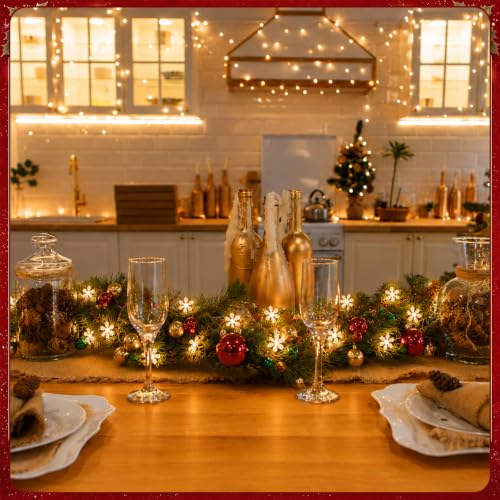 Lighted Christmas Garland with Red and Green Ornaments and Snowflake Lights - Battery Operated, Indoor Outdoor Decor