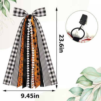 Halloween Ribbon Bow Set for Wreaths and Decor - Orange Black Dot Spider Web Fabric, Halloween Style2