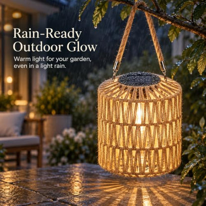 Cooo 2 Pack Large Solar Rope Lanterns for Outdoor Gardens - Natural Plant Fiber, Handwoven, 8.27 Inch