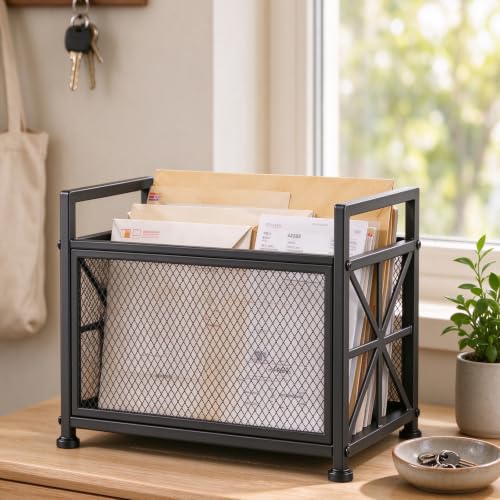 Large Black Metal Magazine Holder - Floor Standing Mesh Storage Basket - Office & Home Organization - Variation: Metallic Black / Large
