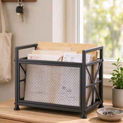 Large Black Metal Magazine Holder - Floor Standing Mesh Storage Basket - Office & Home Organization - Variation: Metallic Black / Large