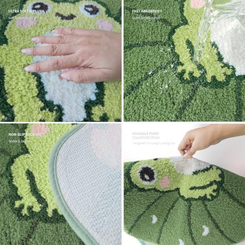 Frog Bath Mat 24x32 Inch, Cute Lotus Leaf Bathroom Rug, Green, Non Slip