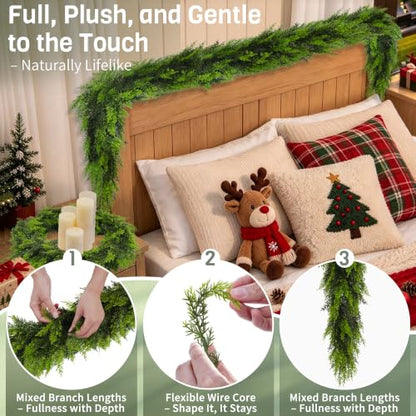 2 Pack 6ft Real-Touch Cedar Garland - Artificial Greenery for Mantel, Indoor/Outdoor
