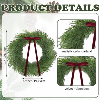Christmas Cedar Wreath Set - 20 Inch with Red Ribbon Bow - Pack of 3