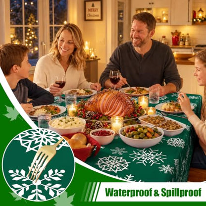 Christmas Table Cloth 60x102 Inch Flannel-Backed Vinyl Rectangular Tablecover - Green & White