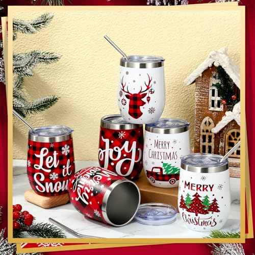 Ziliny Christmas Wine Tumbler Set with Lid & Straws - Plaid Style, 6 Pieces