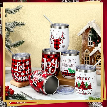 Ziliny Christmas Wine Tumbler Set with Lid & Straws - Plaid Style, 6 Pieces