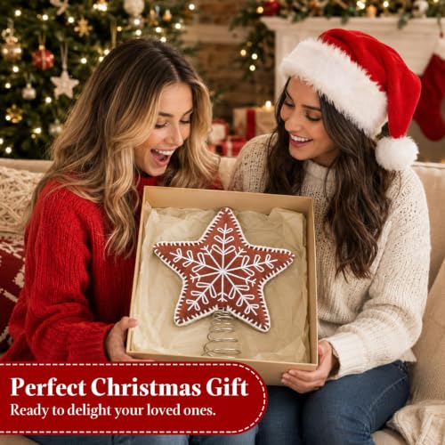 Gingerbread Star Christmas Tree Topper - Felt Embroidered Snowflake Design, Brown Felt, Spring Base