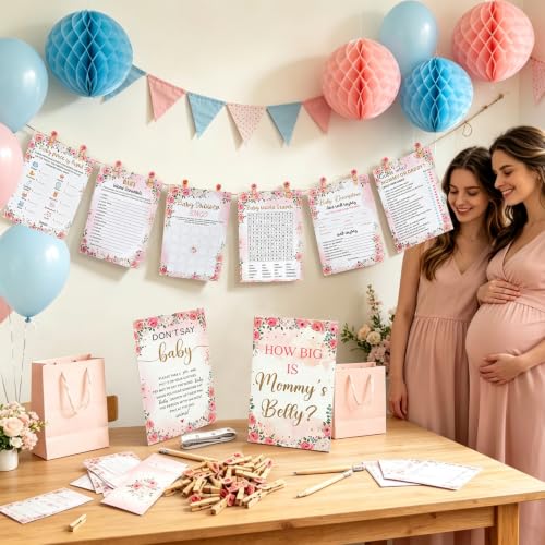 Baby Shower Games Set - 8-In-1 Floral Theme Party Activity Kit
