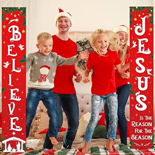 Religious Christmas Porch Banner - Nativity Scene Believe Jesus Tree