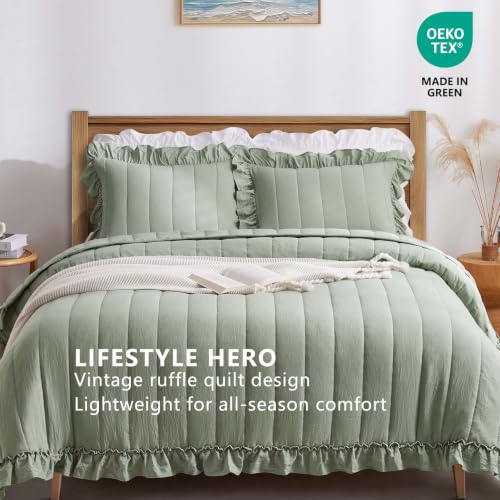 Sage Green Ruffle Queen Quilt 3 Piece Bedspread Set - Lightweight & Soft
