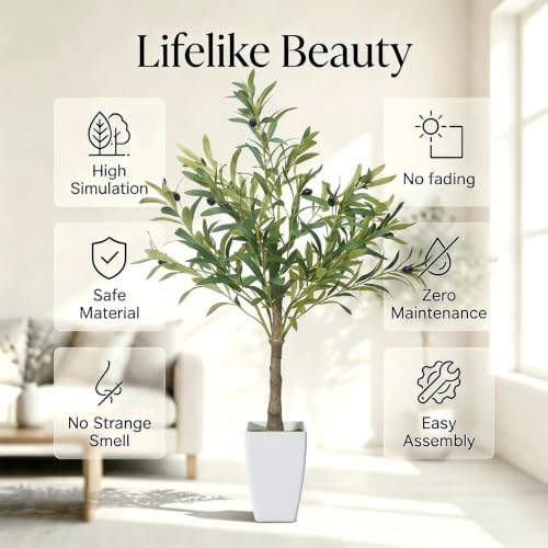 Small Faux Olive Tree 3FT with White Planter - Realistic Artificial Indoor Plant