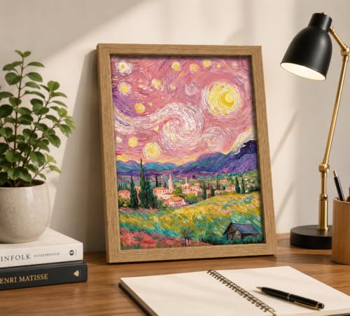 Pink Starry Night Wall Art Canvas - Framed Rural Impressionist Landscape - 10"L x 8"W