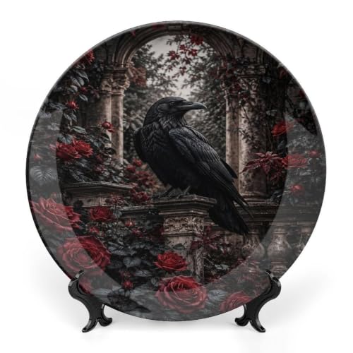 Black Crow Red Roses Gothic Bone China Decorative Plate with Stand & Wall Hook - 10 Inch