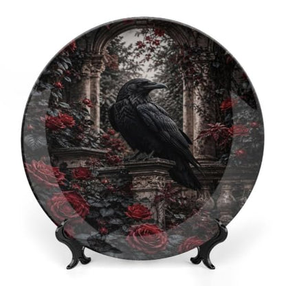 Black Crow Red Roses Gothic Bone China Decorative Plate with Stand & Wall Hook - 10 Inch