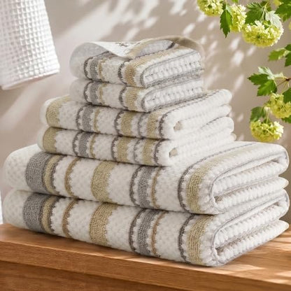 Neutral Cotton Bath Towel Set - 6-Piece, Soft Absorbent, Modern Stripe