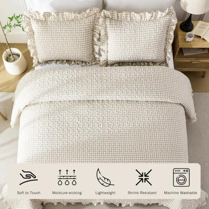 WINLIFE Tan Brown Gingham Twin Quilt Set with Ruffles - 68x90 Inches