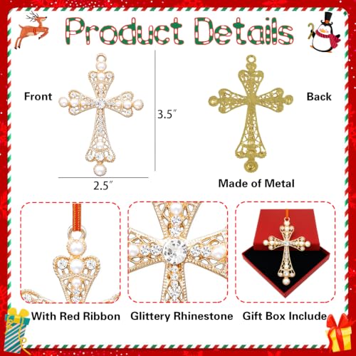 Cross2 Christian Christmas Metal Ornament with Rhinestones - Holiday Keepsake, Red Ribbon Gift Box