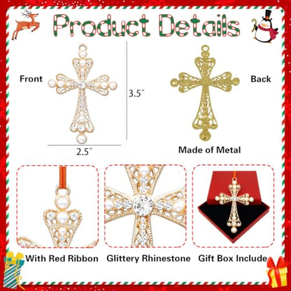 Cross2 Christian Christmas Metal Ornament with Rhinestones - Holiday Keepsake, Red Ribbon Gift Box