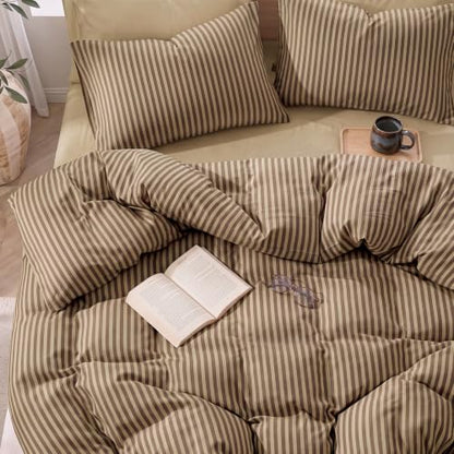Fine Stripe Brown Duvet Cover Set - King Size 100% Cotton Sateen, 3 Pieces