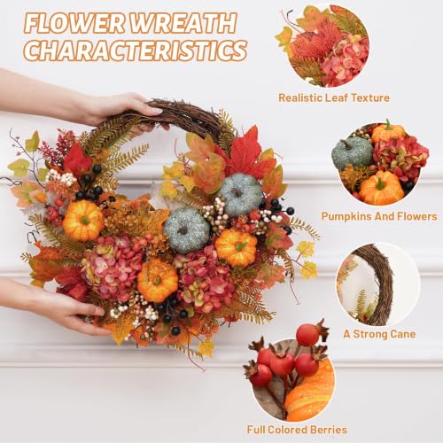Fall Wreath for Front Door 18-Inch Artificial Pumpkin Hydrangea Autumn Decor - 1 Pcs