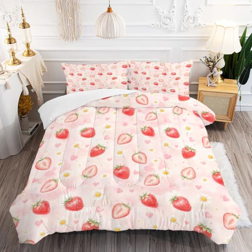 Twin Pink Strawberry Comforter Set for Girls Kids Teens - Kawaii Floral Bedding