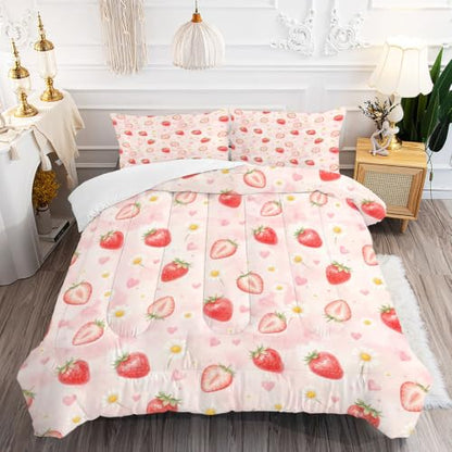 Twin Pink Strawberry Comforter Set for Girls Kids Teens - Kawaii Floral Bedding