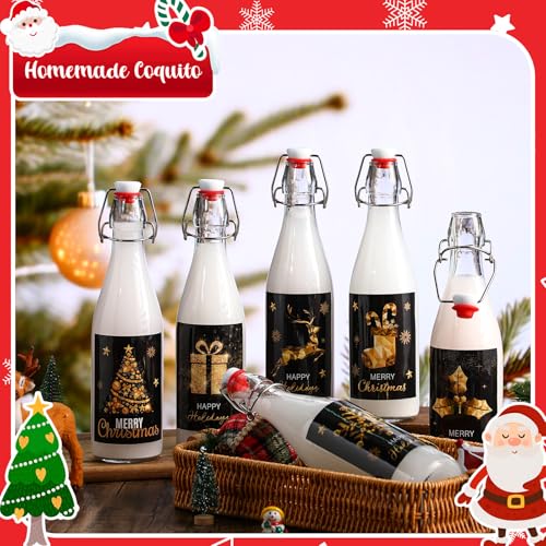 Maxcheck 6 Pack 16oz Swing Top Glass Bottles with Christmas Labels - Black & Gold