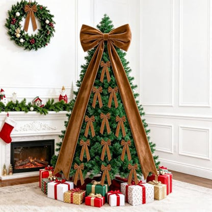 Brown Velvet Christmas Tree Topper Bow Set - 13 Pcs Holiday Decor