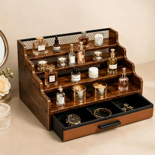 Brown Wooden 4-Tier Cologne Organizer Stand with Drawer - Square