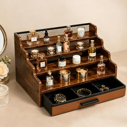 Brown Wooden 4-Tier Cologne Organizer Stand with Drawer - Square