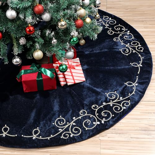 Navy Blue 36-Inch Velvet Christmas Tree Skirt with Gold Embroidered Pearls and Crystals