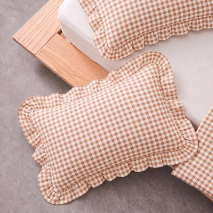 Cotton King Size Pillowcases Set of 2 Gingham Peach Ruffled Farmhouse Bedding