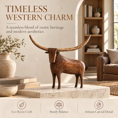 Rustic Longhorn Bull Sculpture - Hand-Carved Farmhouse Animal Figurine
