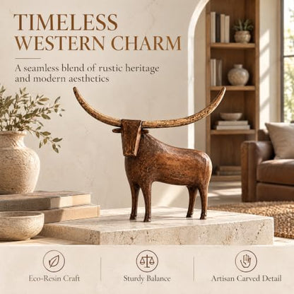 Rustic Longhorn Bull Sculpture - Hand-Carved Farmhouse Animal Figurine